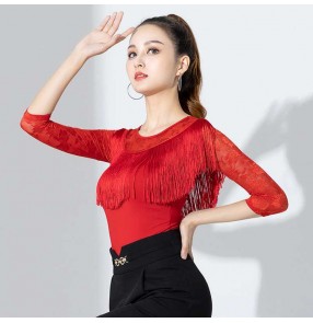 Womens red royal blue black rose lace ballroom latin dance bodysuits modern flamenco chacha fringe waltz tango dancing leotard tops